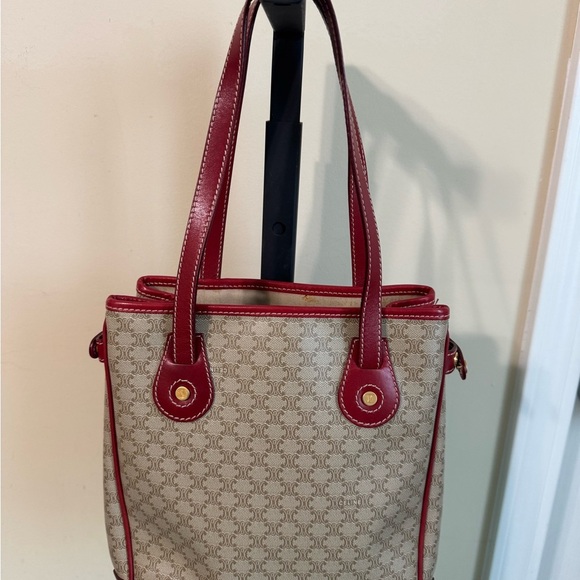 Celine Tan and Red Leather Trim Tote Bag - Picture 2 of 15